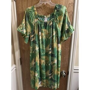 Naif Anthropologie Dress Green Tropical Leaves Short Bell Sleeve Off-Shoulder L